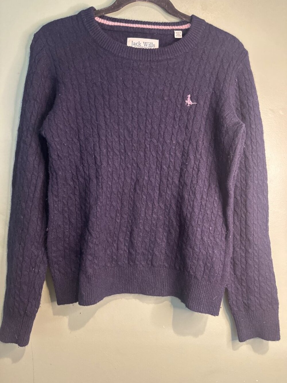 Jack Wills Womens 8 Navy Blue Merino Wool Cable Knit Sweater Preppy Academia